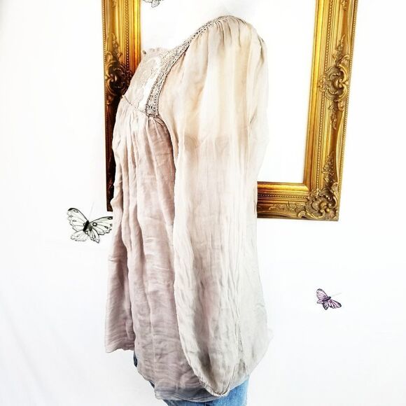 Boho tan silky gauze and lace blouse - Picture 3 of 5